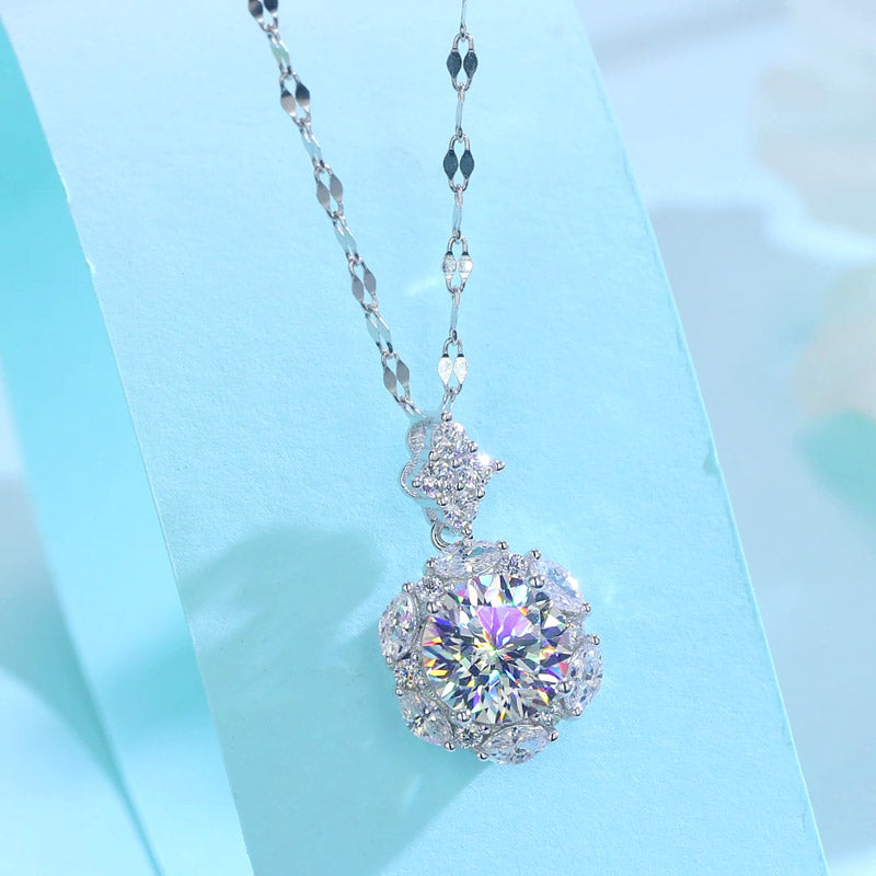 2 Carats Moissanite Diamond Flower Pendant Necklace 925 Sterling Silver MFN8156