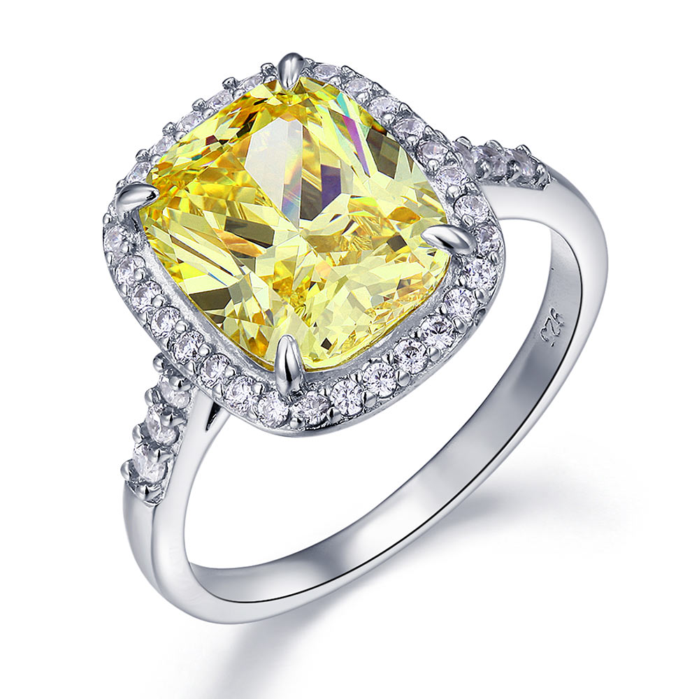 Solid 925 Sterling Silver Luxury Engagement Ring 6 ct Cushion Cut Yellow Canary Created Diamante Jewelry XFR8151-0