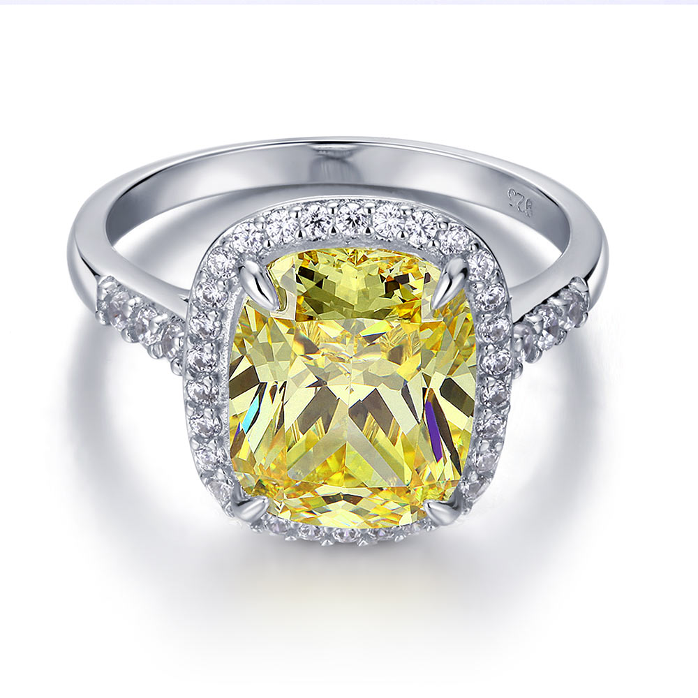 Solid 925 Sterling Silver Luxury Engagement Ring 6 ct Cushion Cut Yellow Canary Created Diamante Jewelry XFR8151-2