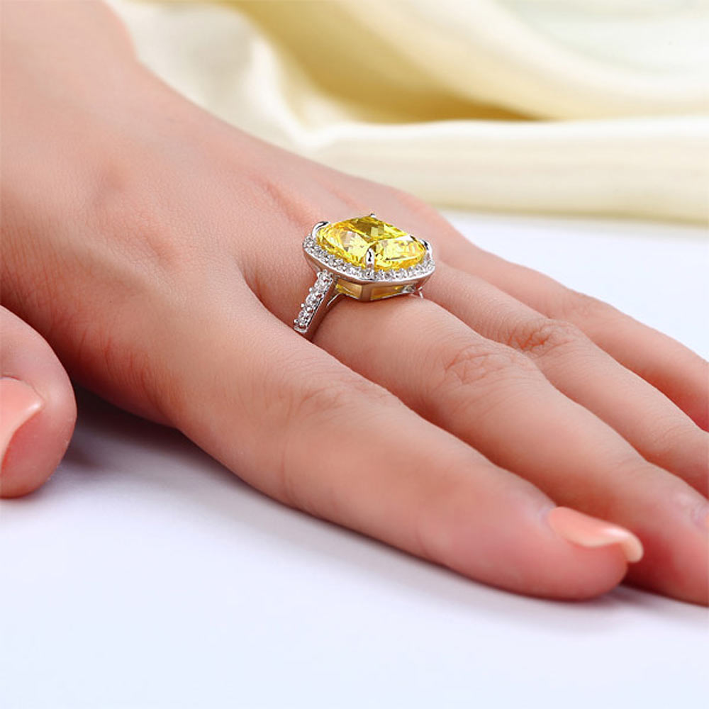 Solid 925 Sterling Silver Luxury Engagement Ring 6 ct Cushion Cut Yellow Canary Created Diamante Jewelry XFR8151-4