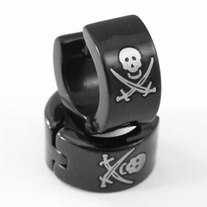 Black Skull Cross Swords Stainless Steel Mens Earrings ME267